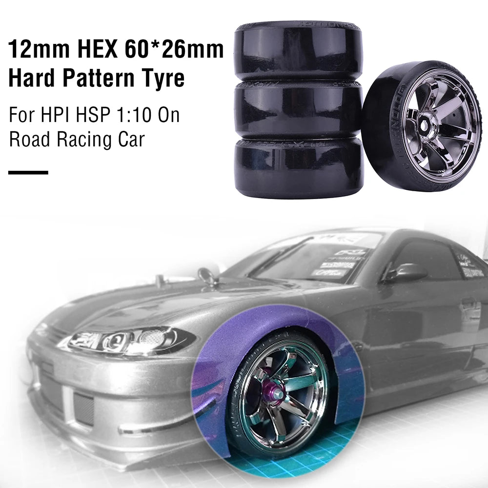 4pcs 1/10 RC Drift Tires Wheels Set Hard Tread 12mm Hex for HPI HSP - EXPROTAS