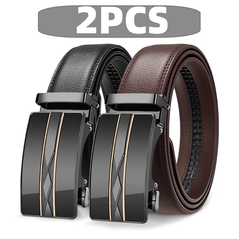 Men Leather Belt Adjustable Ratchet Automatic Buckle Black Brown