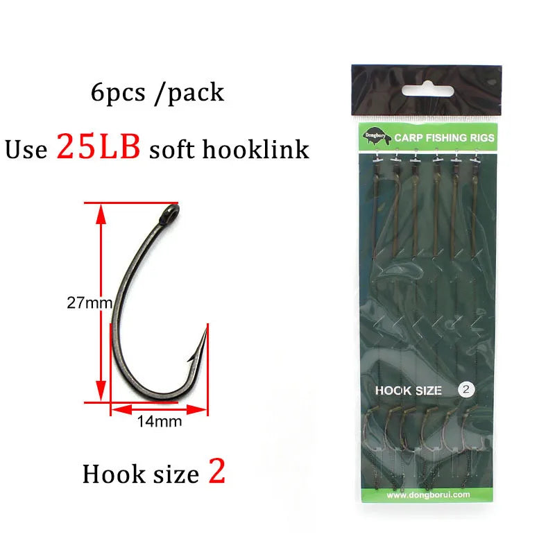 6pcs Carp Fishing Ready Tied Hair Rigs Hook Lines Size 2# 4# 6# 8# Tackle Set