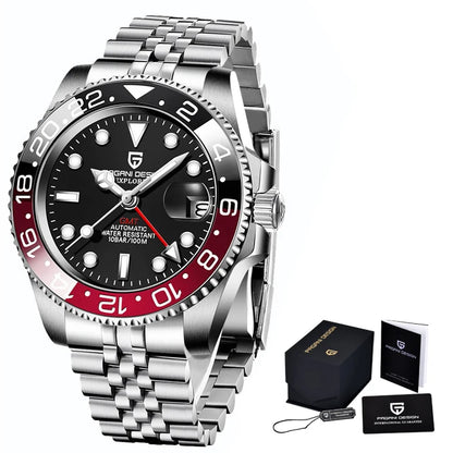 PAGAN DESIGN PD-1662 Luxury GMT Men Mechanical Wristwatch Sapphire Glass Stainless Steel 100M Waterproof Automatic Watches-EXPROTAS