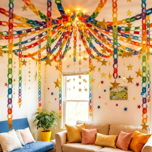 Rainbow Paper Chain Garland Stars Party Decor for Kids Birthday Celebration