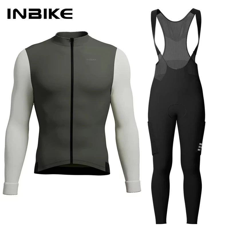 INBIKE Mens Winter Cycling Jersey Bib Tights Set Fleece Road Bike Pockets