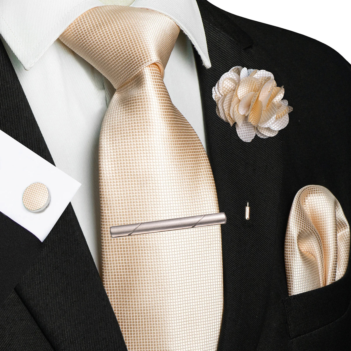 Men's Plaid Tie Clip Set with Pocket Square Cufflinks Wedding Accessories