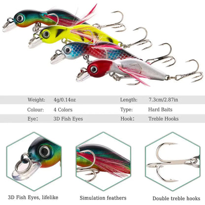 4PCS Hook Fishing Lures Wobbler Set for Bass Sea Carp Bait Tackles