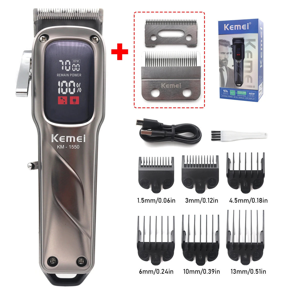 Kemei Cordless Hair Clipper Professional Trimmer USB LED Low Noise Cutting