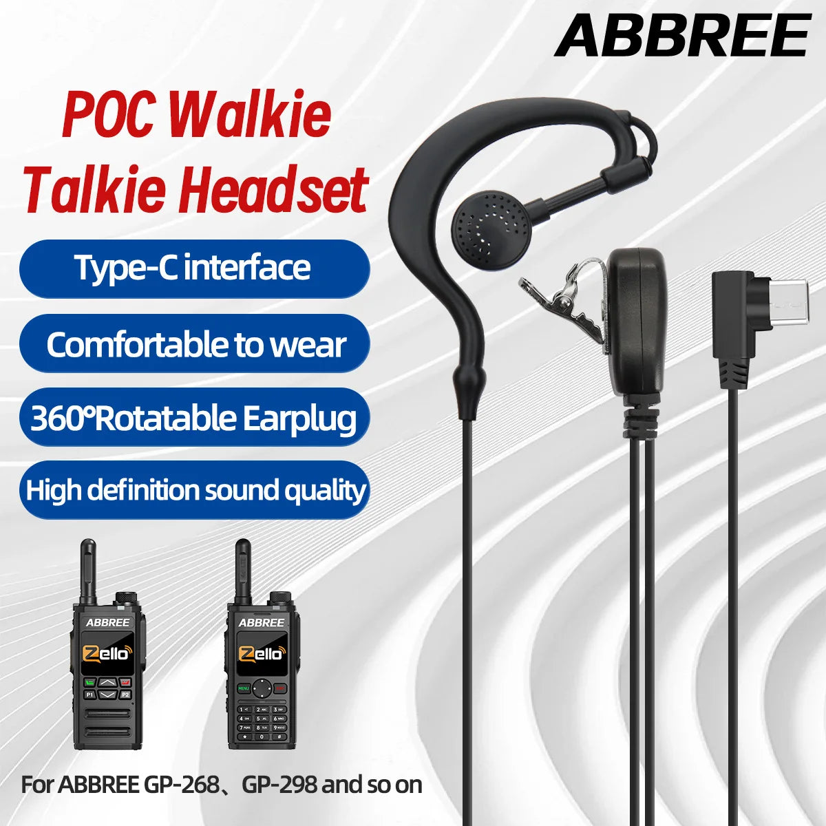 ABBREE Walkie Talkie Headset 4G PTT MIC Type-C for GP-268 GP-298 Zello