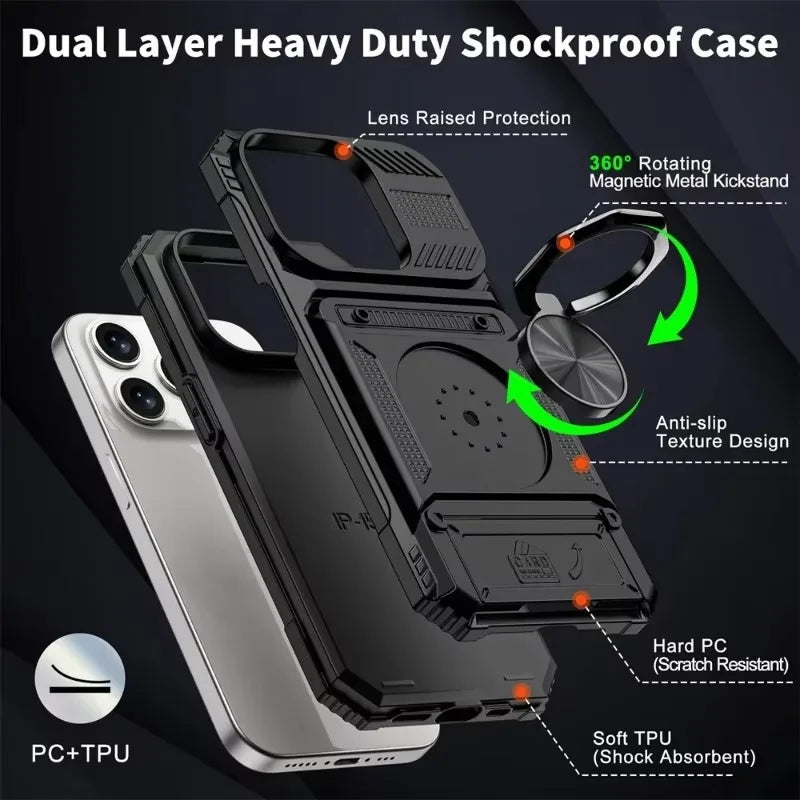 iPhone 11-16 Pro Max Ring Kickstand Wallet Case Heavy Duty Shockproof Cover