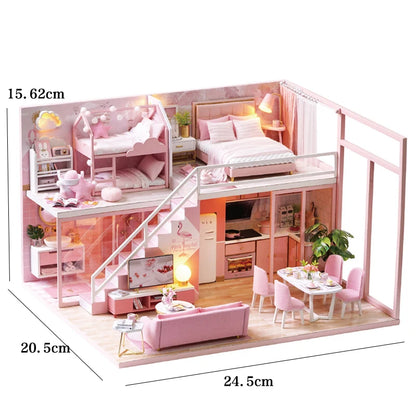 Wooden Miniature Duplex Dollhouse DIY 3D Puzzle Kit with Furniture LED Decoration Gift - EXPROTAS