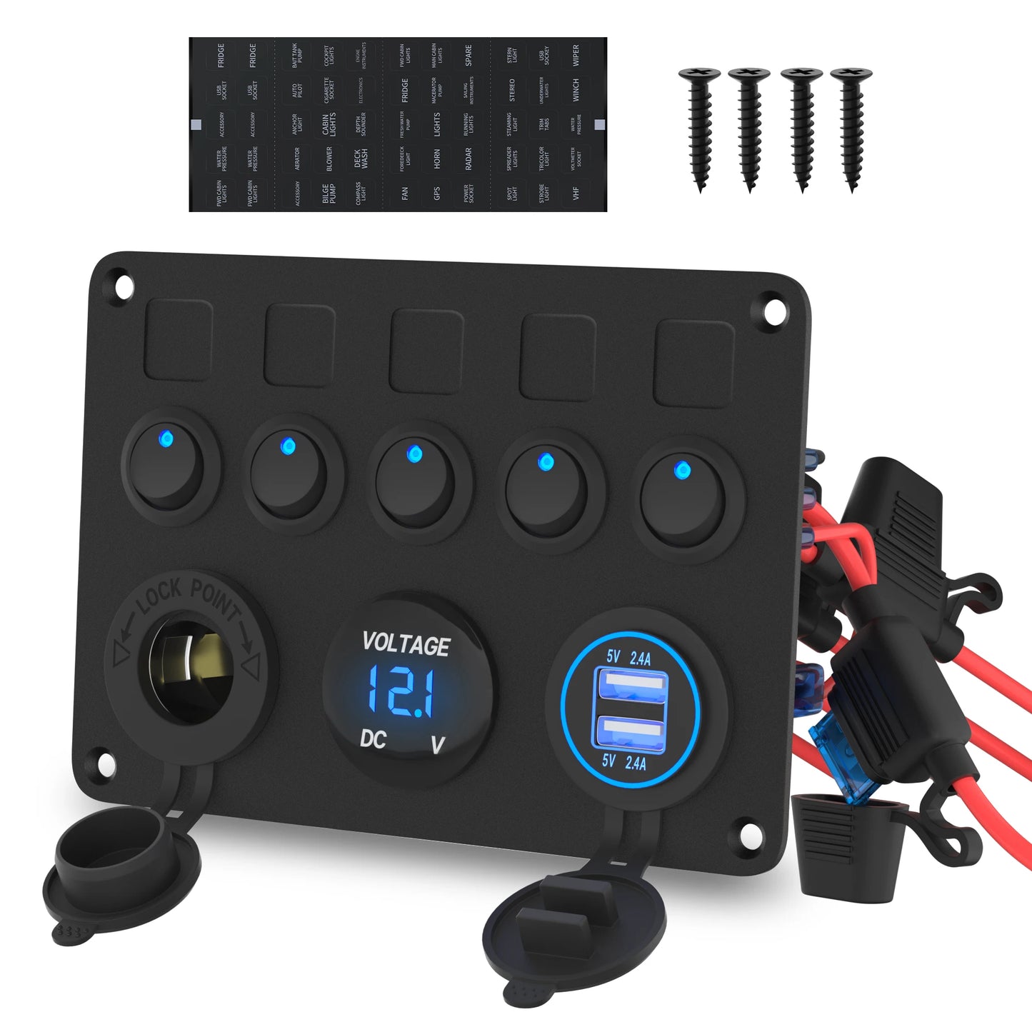 5 Gang Switch Panel 12V USB Voltmeter Toggle for Boat Car Truck RV ATV