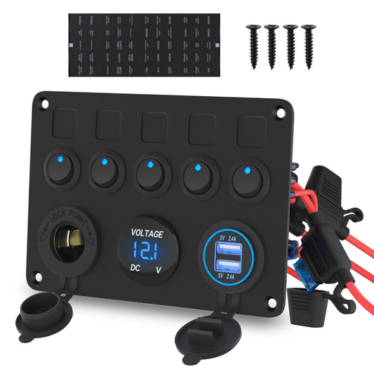 5 Gang Switch Panel 12V USB Voltmeter Toggle for Boat Car Truck RV ATV