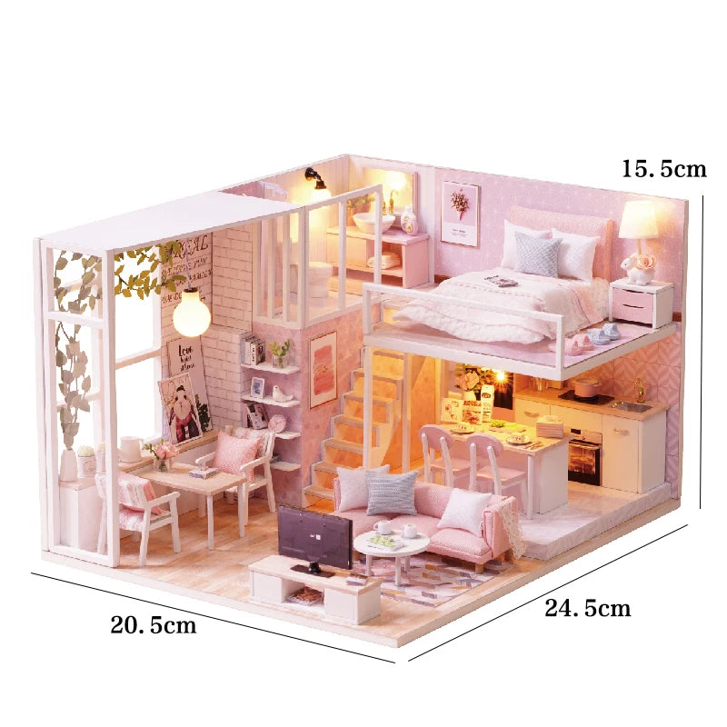 Wooden Miniature Duplex Dollhouse DIY 3D Puzzle Kit with Furniture LED Decoration Gift - EXPROTAS