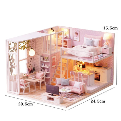 Wooden Miniature Duplex Dollhouse DIY 3D Puzzle Kit with Furniture LED Decoration Gift - EXPROTAS