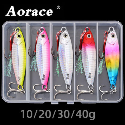 Aorace 5Pcs Metal Jig Lure Cast Spoon 10G 20G 30G 40G Artificial Bait Shore Fishing Jigging Metal Bass Fishing Lure With box