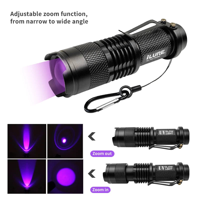 Squid Jig Hook UV Flashlight 395nm Fishing Lure Detection Light