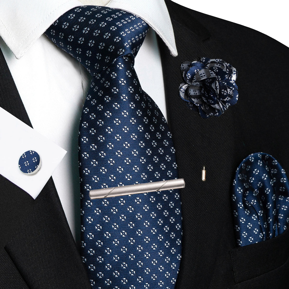 Men's Plaid Tie Clip Set with Pocket Square Cufflinks Wedding Accessories