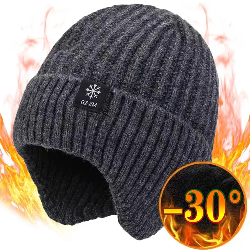 Ear Protection Winter Knitted Hat Men Plush Warm Beanie Cap Outdoor
