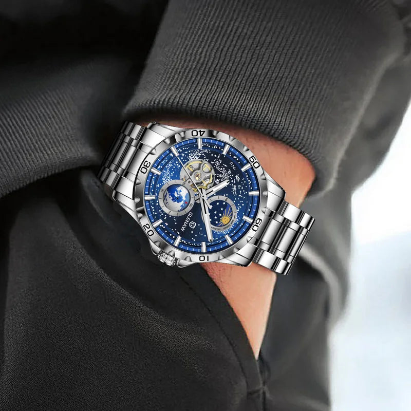 GLENAW Rotating Earth Double Second Hand WristWatch Men Automatic Mechanical Watch Starry Sky Stainless Steel Leather Watchband-EXPROTAS