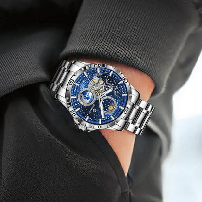 GLENAW Rotating Earth Double Second Hand WristWatch Men Automatic Mechanical Watch Starry Sky Stainless Steel Leather Watchband-EXPROTAS
