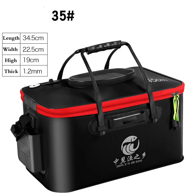 EVA Collapsible Live Fish Bucket Net Lid Side Pockets Fishing Water Tank