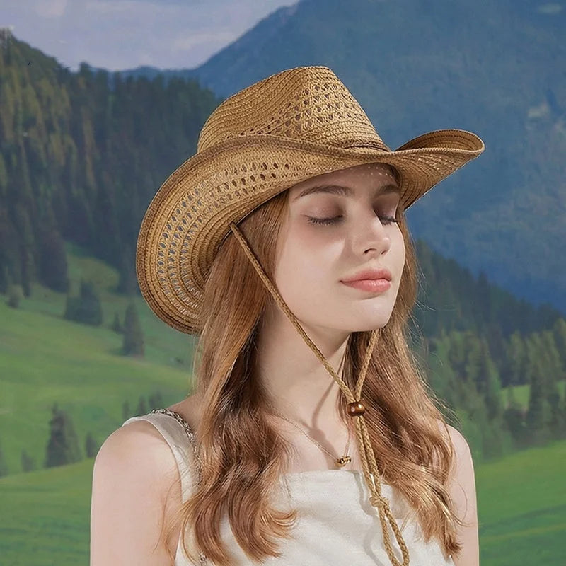 Windproof Strap Denim Straw Hat for Men Women Beach Outdoor Sun Protection