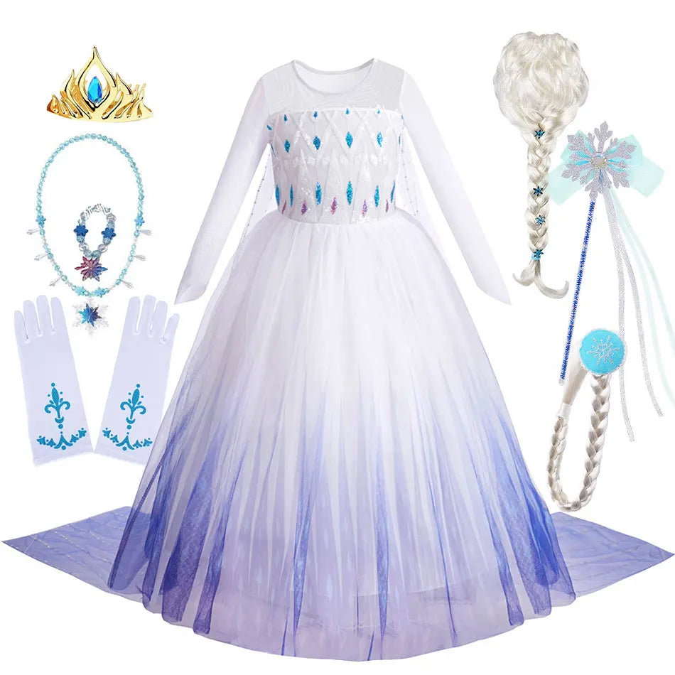 Disney Kids Frozen Birthday Party Princess Dress White Elsa Sequined Mesh Vestidos Halloween Cosplay Snow Queen Carnival Costume-EXPROTAS