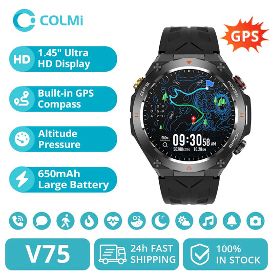 2024 COLMI V75 GPS Smart Watch 1.45" Ultra HD Display Built-in GPS & Compass Make/Receive Phone Calls Smartwatch 650mAh Battery-EXPROTAS