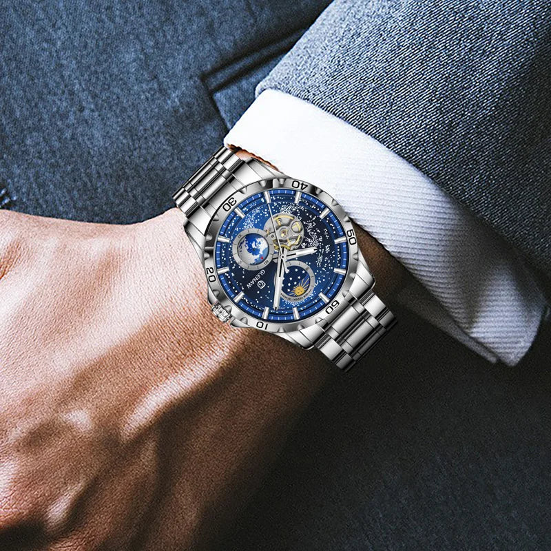 GLENAW Rotating Earth Double Second Hand WristWatch Men Automatic Mechanical Watch Starry Sky Stainless Steel Leather Watchband-EXPROTAS
