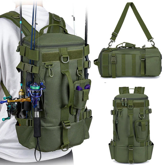 Tactical Fishing Backpack Tackle Bag w/ Rod Holders MOLLE Outdoor Gear Pack