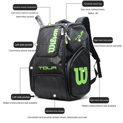 Wilson Tennis Bag Holds 2 Tennis Rackets Tennis Backpack Daily Portable Court Racket Bag Men Women Padel Sports Backpack-EXPROTAS