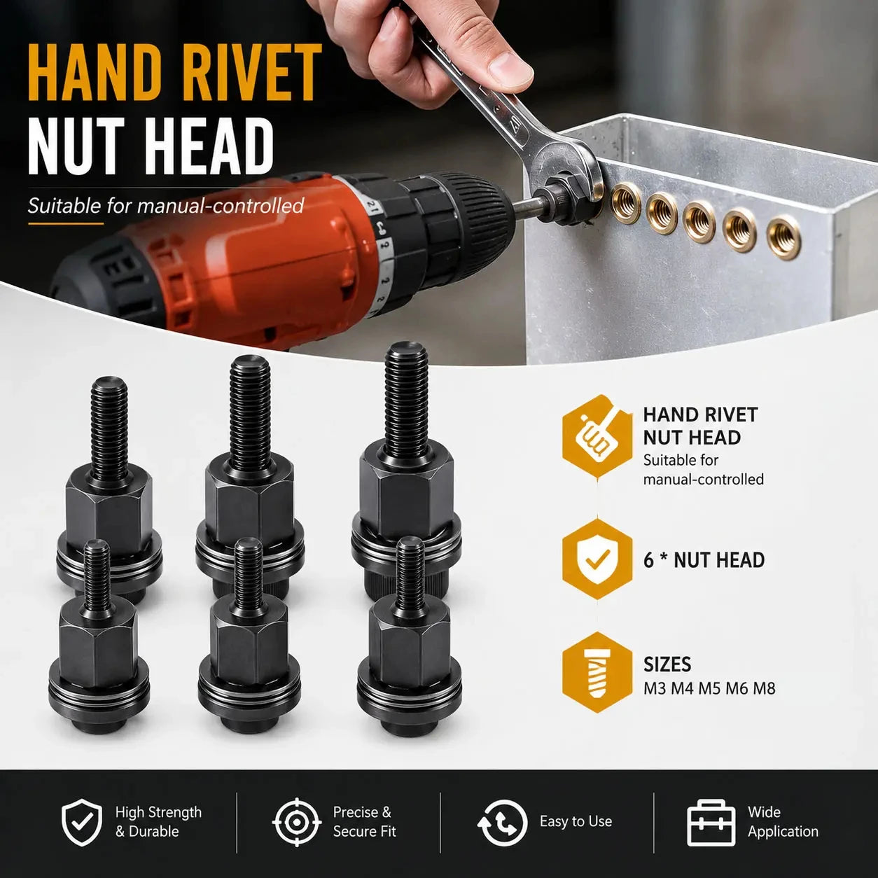 60PCS Carbon Steel Rivnut Manual Riveter Set for M3 M4 M5 M6 M8