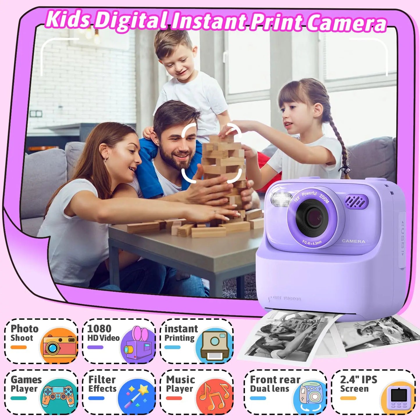 Kids Digital Camera 1080P Instant Print for Girls Boys Age 3-12