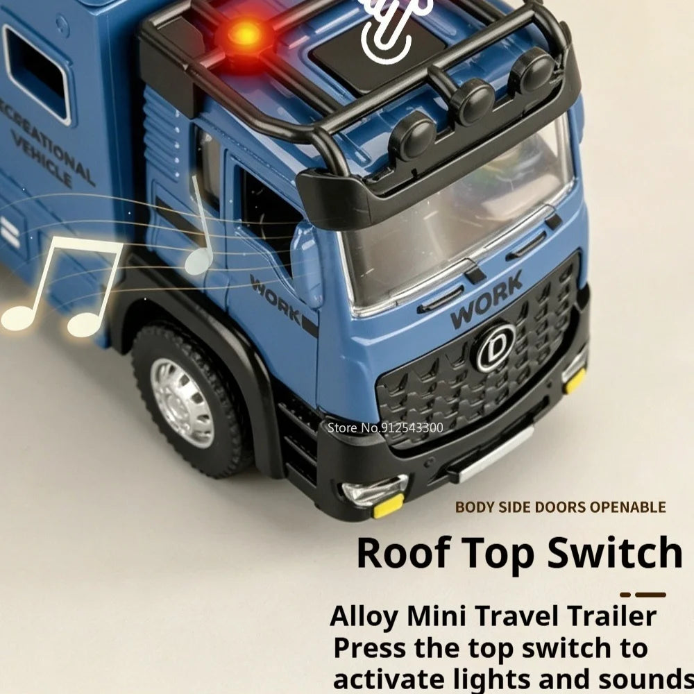 1:43 Diecast Camper Van Model Toy with Sound Light Adjustable Roof Doors