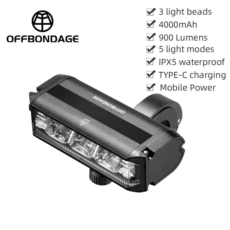 Offbondage Bicycle Light Front 900Lumen USB Rechargeable Waterproof Flashlight