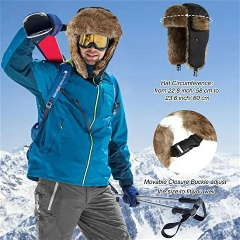 Ski Hat Winter Trapper Earflap Warm Russian Faux Fur Cap for Men Women