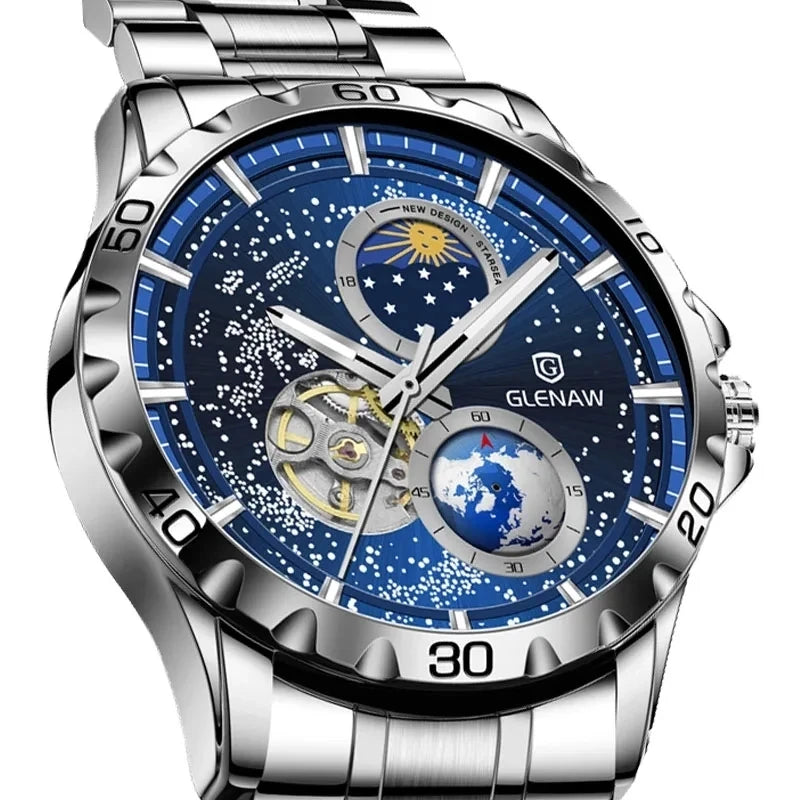 GLENAW Rotating Earth Double Second Hand WristWatch Men Automatic Mechanical Watch Starry Sky Stainless Steel Leather Watchband-EXPROTAS