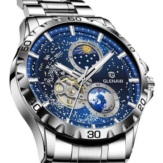 GLENAW Rotating Earth Double Second Hand WristWatch Men Automatic Mechanical Watch Starry Sky Stainless Steel Leather Watchband-EXPROTAS