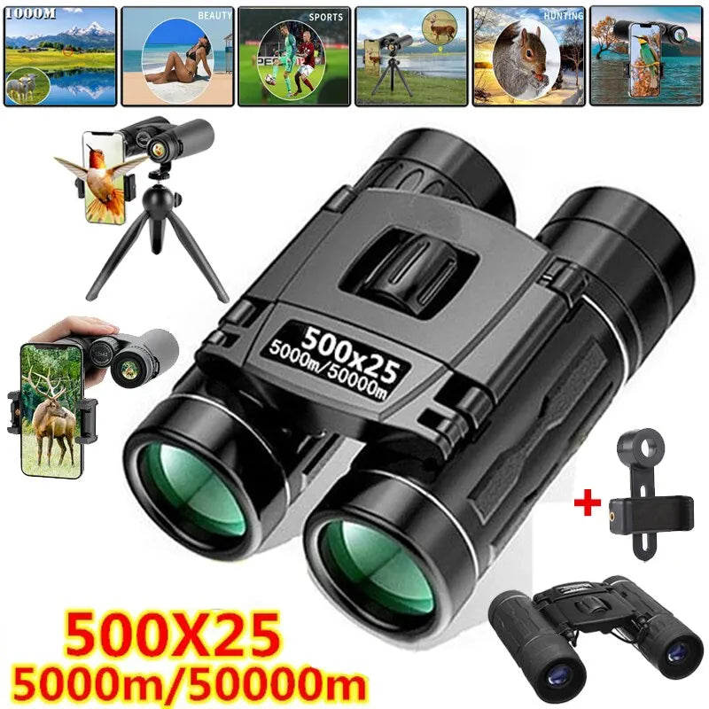 500x25 HD Zoom Binoculars Folding Long Distance Hunting Camping Outdoor Optics
