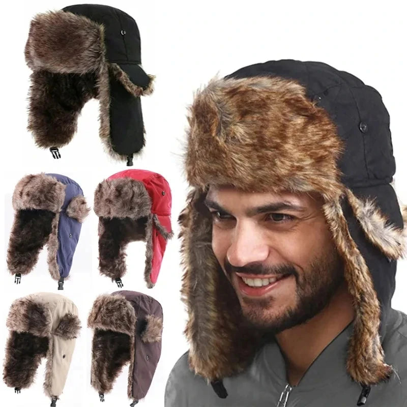 Winter Ski Hat Trapper Faux Fur Earflap Cap Warm Russian Aviator