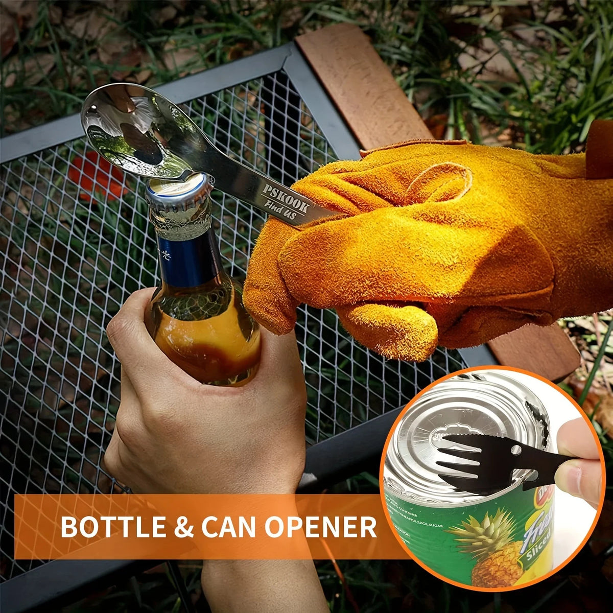 Pskook Outdoor Survival Camping EDC Multi-functional Fork Spoon Bottle Opener