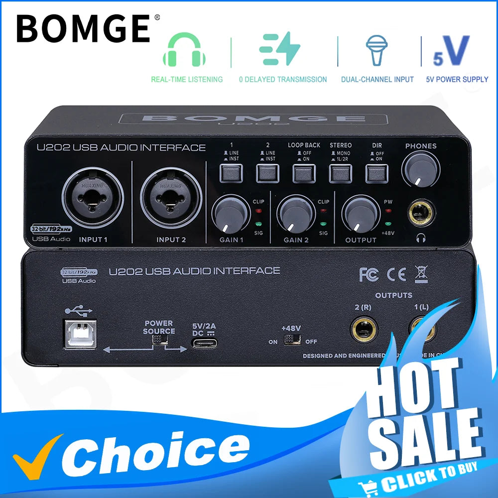 BOMGE U202 USB Audio Interface with Mic Preamplifier XLR/TSR/TS Ports 48V 32-Bit/192kHz Resolution for computer recording Stream-EXPROTAS