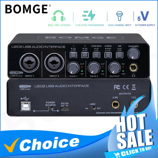 BOMGE U202 USB Audio Interface with Mic Preamplifier XLR/TSR/TS Ports 48V 32-Bit/192kHz Resolution for computer recording Stream-EXPROTAS