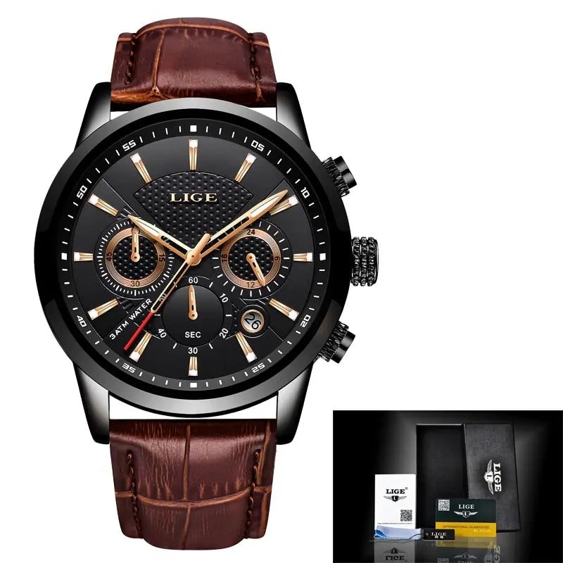LIGE Watches Men 2024 Top Brand Luxury Casual Leather Quartz Men Watch Man Business Clock Male Sport Waterproof Date Chronograph-EXPROTAS