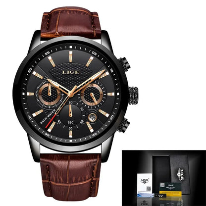 LIGE Watches Men 2024 Top Brand Luxury Casual Leather Quartz Men Watch Man Business Clock Male Sport Waterproof Date Chronograph-EXPROTAS