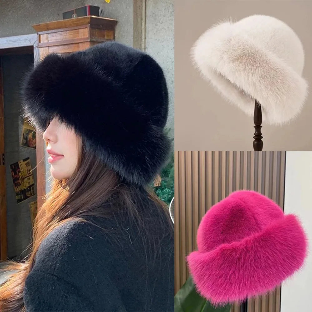 Fluffy Fur Bucket Hat Women Winter Warm Plush Fisherman Cap Thick