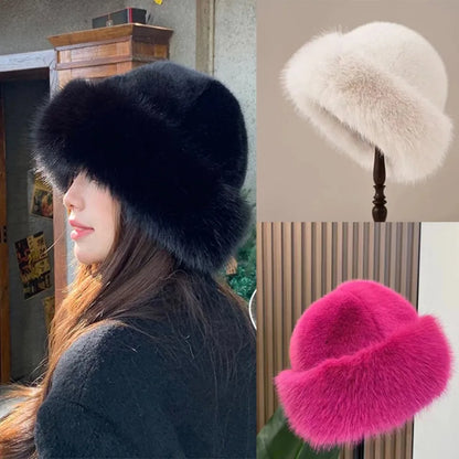 Fluffy Fur Bucket Hat Women Winter Warm Plush Fisherman Cap Thick