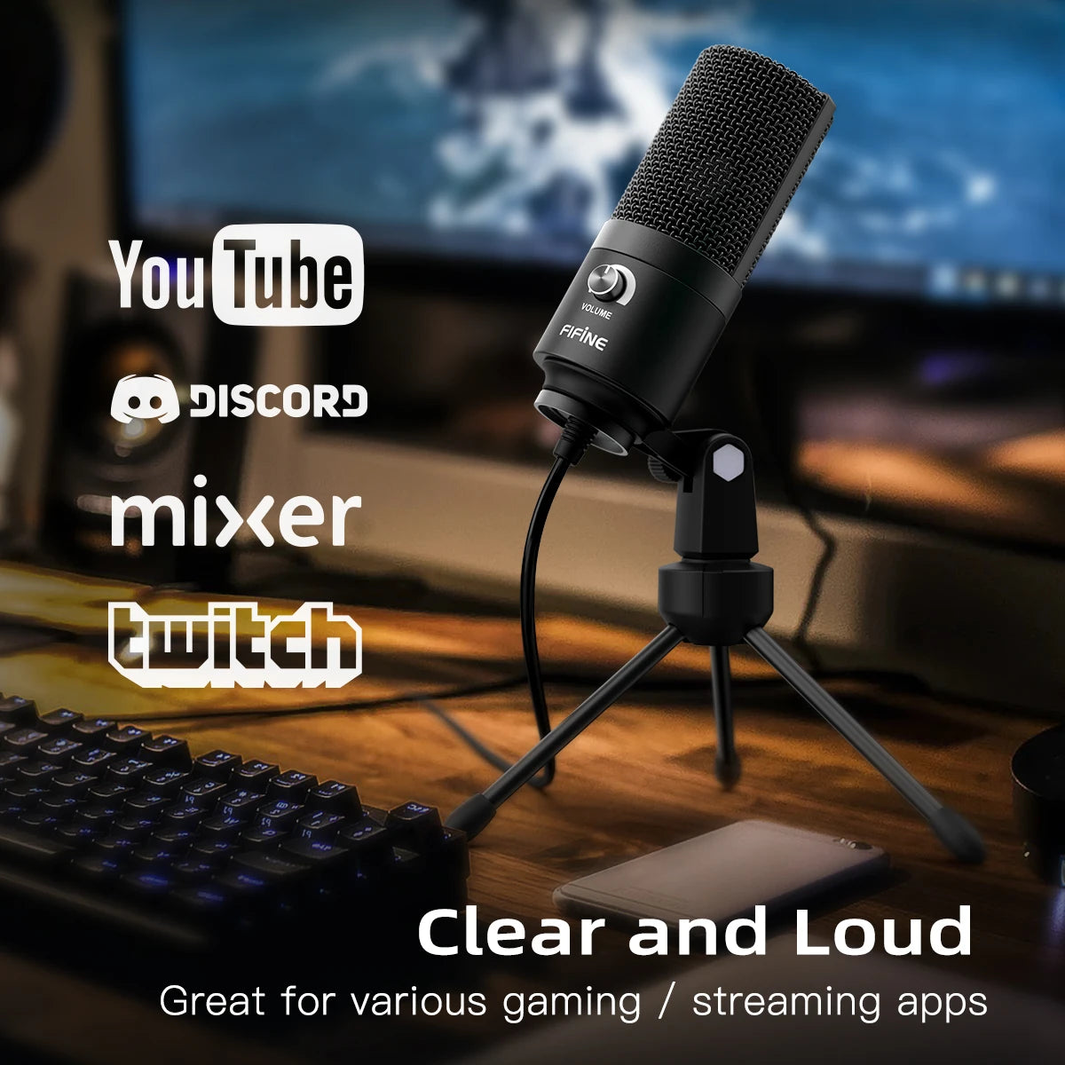 FIFINE K669 USB Condenser Microphone with Gain Knob Metal Recording Mic for PC Laptop
