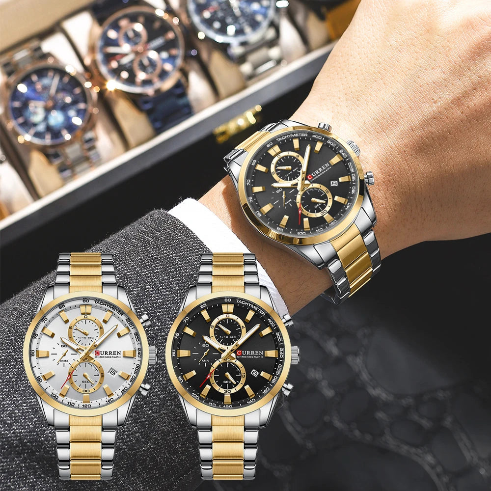 CURREN Casual Sporty Brand Stainless Steel Band Wristwatches for Men  Chronograph Quartz Watches with Date New 8445-EXPROTAS