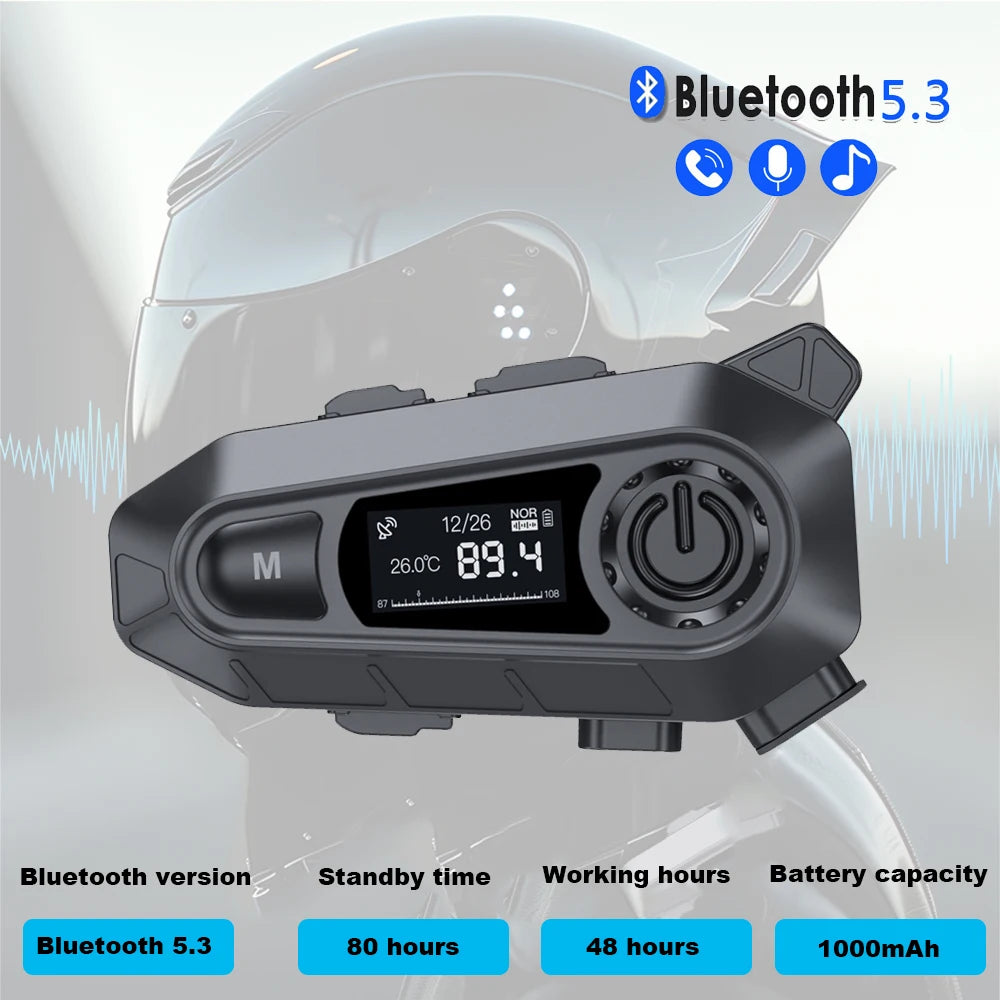 BT5.3 Motorcycle Helmet Bluetooth Headset FM Radio LED Display Waterproof