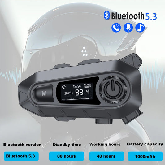 BT5.3 Motorcycle Helmet Bluetooth Headset FM Radio LED Display Waterproof