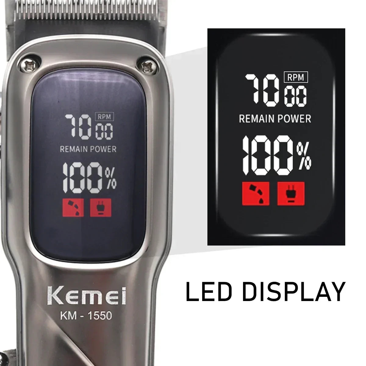 Kemei Cordless Hair Clipper Professional Trimmer USB LED Low Noise Cutting